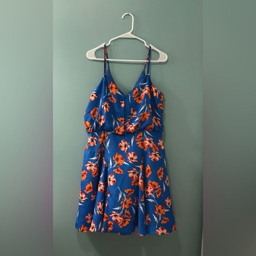 CeCe Blue Floral Spaghetti-Strap Dress with Orange Flowers